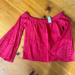 Express Pink off-shoulder bell sleeved eyelet top